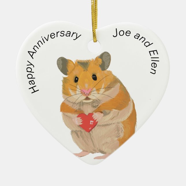 CuteLittle Hamster Holding a Heart Anniversary Ceramic Ornament (Front)
