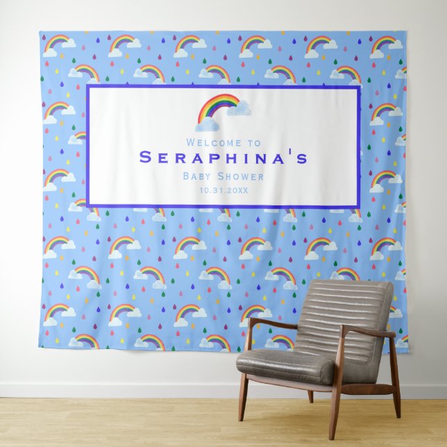 CuteRainbow Raindrops Pattern Baby Shower Backdrop Tapestry (In Situ (Horizontal))