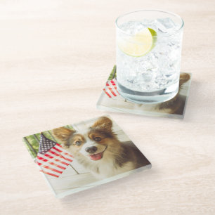 Cutest Baby Animals American Flag Corgi Glass Coaster