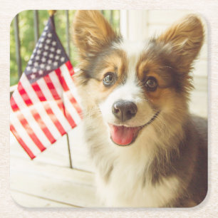 Cutest Baby Animals American Flag Corgi Square Paper Coaster