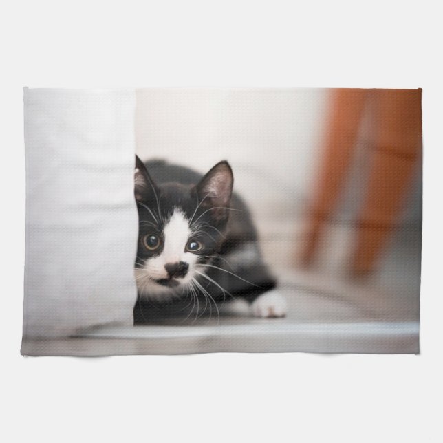 Cutest Baby Animals | Black & White Kitten Tea Towel (Horizontal)