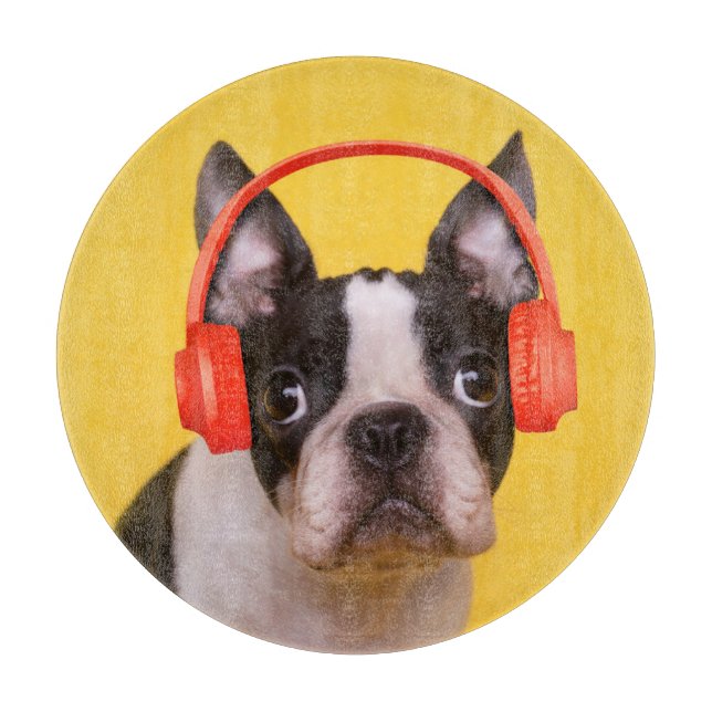 Cutest Baby Animals | Boston Terrier Headphones Cutting Board (Front)
