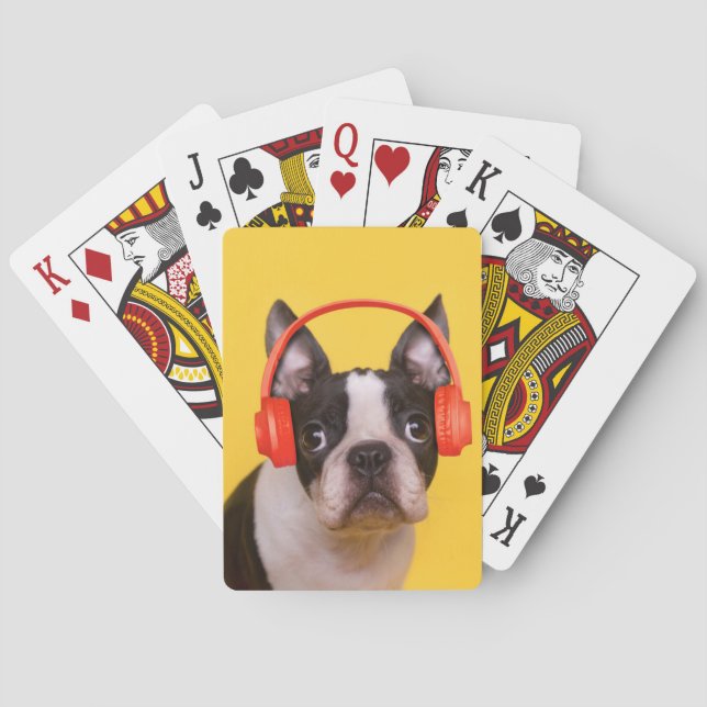Cutest Baby Animals | Boston Terrier Headphones Playing Cards (Back)