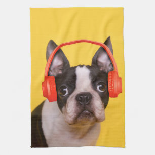 Cutest Baby Animals   Boston Terrier Headphones Tea Towel