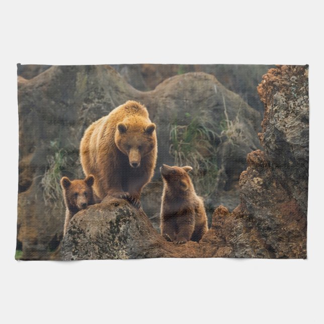 Cutest Baby Animals | Brown Bear Family Tea Towel (Horizontal)