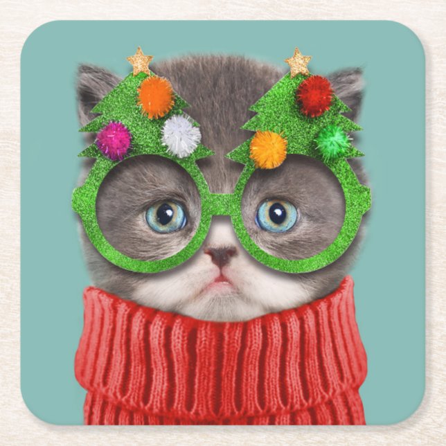 Cutest Baby Animals | Cat Christmas Sweater Square Paper Coaster (Front)