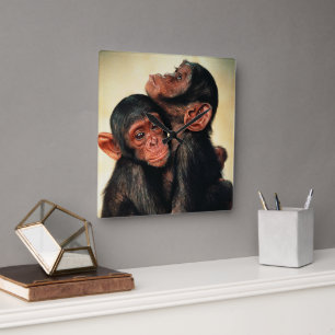 Cutest Baby Animals Chimpanzee Hug Square Wall Clock