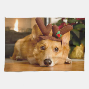 Cutest Baby Animals Corgi Christmas Reindeer Tea Towel