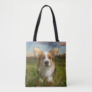 Cutest Baby Animals Corgi in Cloudy Yard Tote Bag