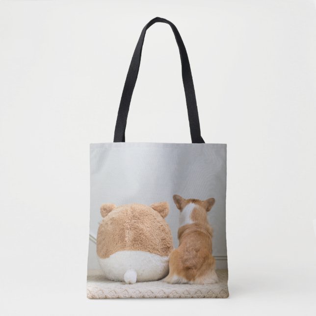 Cutest Baby Animals | Corgi & Plush Puppy Tote Bag (Front)