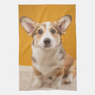 Cutest Baby Animals Corgi Portrait on Orange Tea Towel