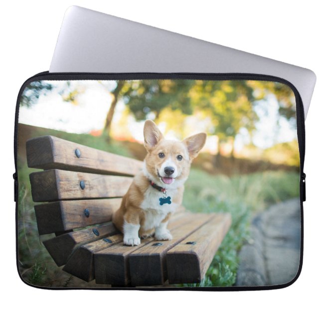 Cutest Baby Animals | Corgi Puppy on a Park Bench Laptop Sleeve (Front)