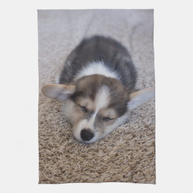 Cutest Baby Animals | Corgi Puppy on Shag Rug Tea Towel (Vertical)