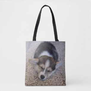 Cutest Baby Animals   Corgi Puppy on Shag Rug Tote Bag