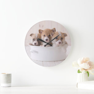 Cutest Baby Animals   Cute Corgi Puppies in a Pot Large Clock