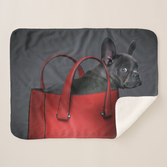 Cutest Baby Animals | French Bulldog Red Hand Bag Sherpa Blanket (Front (Horizontal))