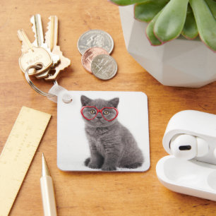 Cutest Baby Animals Kitten Heart Glasses Key Ring