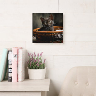 Cutest Baby Animals Kitten in Basket Square Wall Clock