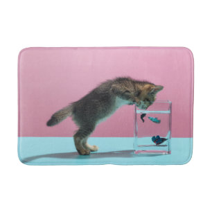 Cutest Baby Animals Kitten Looking at Fish Bowl Bath Mat