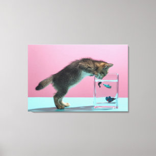 Cutest Baby Animals Kitten Looking at Fish Bowl Canvas Print