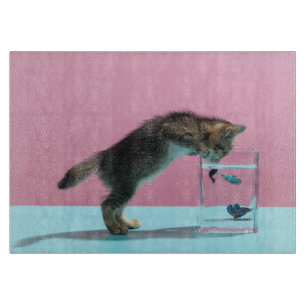 Cutest Baby Animals   Kitten Looking at Fish Bowl Cutting Board