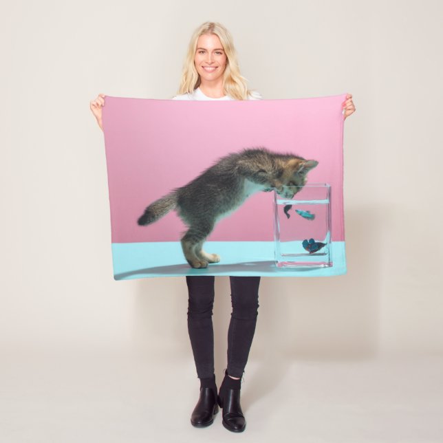 Cutest Baby Animals | Kitten Looking at Fish Bowl Fleece Blanket (In Situ)
