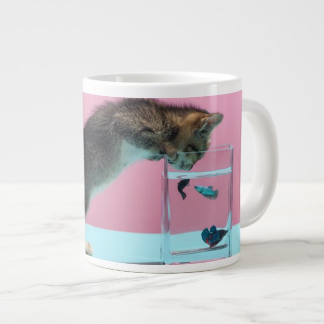 Cutest Baby Animals | Kitten Looking at Fish Bowl Large Coffee Mug (Front Right)