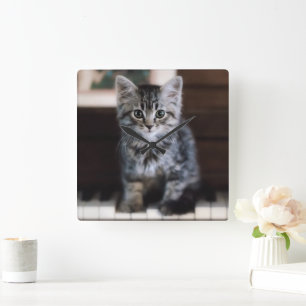 Cutest Baby Animals Kitten on Piano Keys Square Wall Clock