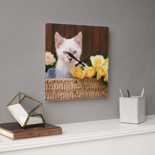 Cutest Baby Animals   Kitten & Yellow Roses Square Wall Clock