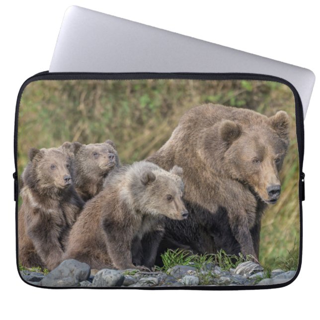 Cutest Baby Animals | Kodiak Mama Bear & Cubs Laptop Sleeve (Front)