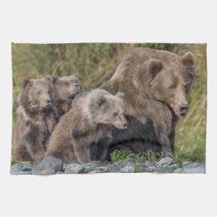 Cutest Baby Animals Kodiak Mama Bear & Cubs Tea Towel