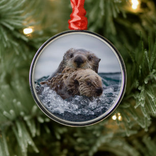 Cutest Baby Animals   Otter Baby & Mother Metal Ornament