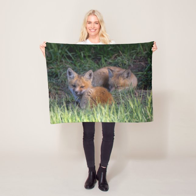 Cutest Baby Animals | Pair of Red Fox Kit Siblings Fleece Blanket (In Situ)
