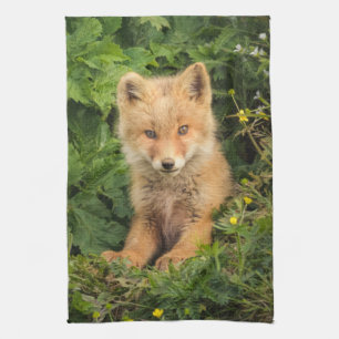 Cutest Baby Animals Red Fox at Umnak Alaska Tea Towel