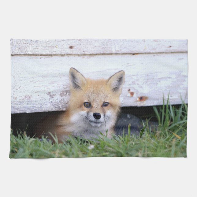 Cutest Baby Animals | Red Fox Kit Peeking Tea Towel (Horizontal)
