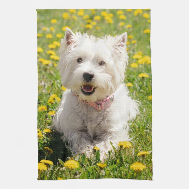 Cutest Baby Animals | Westie Dog in Dandelions Tea Towel (Vertical)