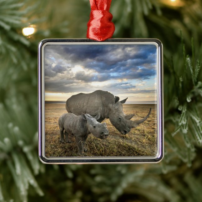 Cutest Baby Animals | White Rhino & Calf Metal Ornament (Tree)