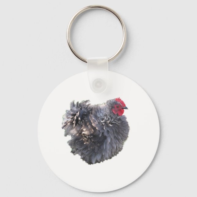 Cutest Blue Frizzle Cochin Bantam Rooster Chicken Key Ring (Front)