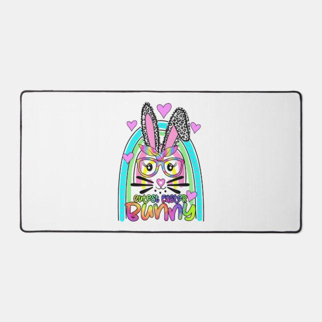 Cutest Easter Bunny Face Leopard Rainbow Happy Desk Mat (Front)