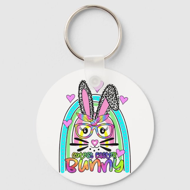 Cutest Easter Bunny Face Leopard Rainbow Happy Key Ring (Front)