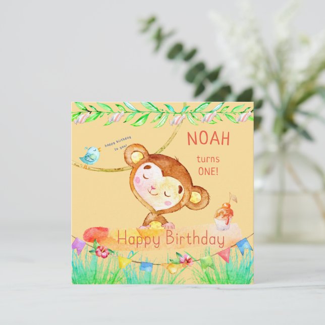 Cutest Fun Monkey First Birthday Invitation (Standing Front)