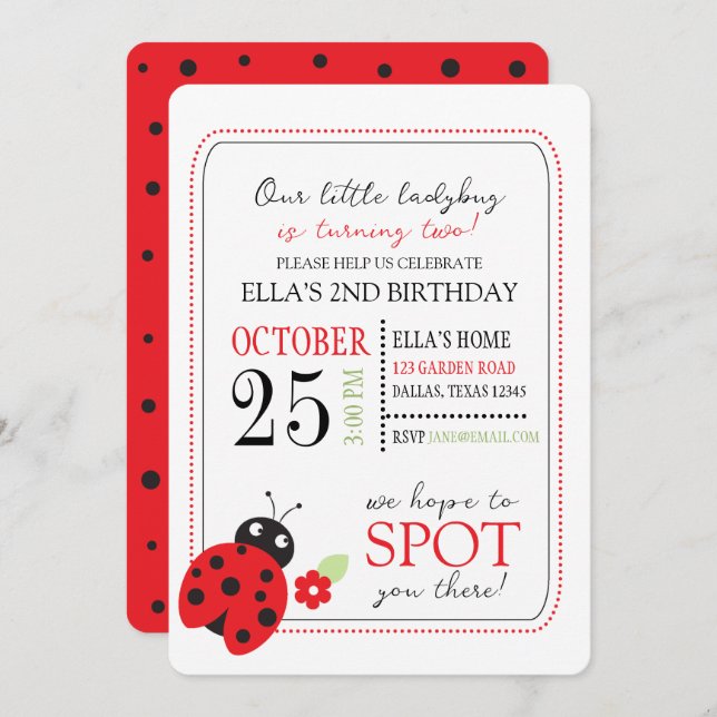 Cutest Little Ladybug Kids Birthday Party Invitation (Front/Back)