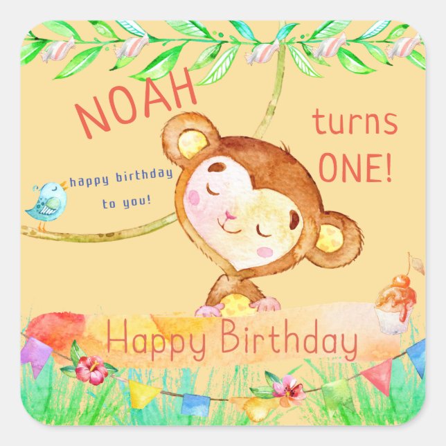 Cutest Monkey First Birthday Square Sticker (Front)