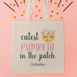 Cutest Pumpkin in the Patch | Personalised Kids Tote Bag<br><div class="desc">It's all treats and no tricks with this fun Halloween tote bag! Adorable design features the saying "cutest pumpkin in the patch" in pink and navy script lettering alongside an orange watercolor pumpkin illustration adorned with lush eyelashes and a flower crown. Personalise with your littlest trick or treater's name for...</div>