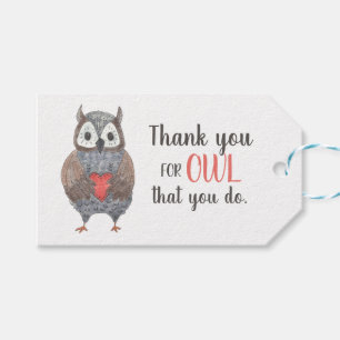 Cutest Watercolor Owl with Heart Thank You Gift Tags