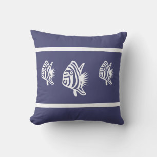 Cutewhite fish on soft navy Outdoor coastal living Outdoor Cushion