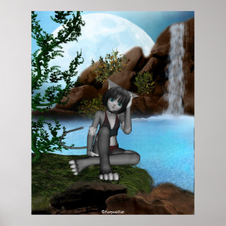 Cutie Anime Kitten Waterfalls Moon 3 Poster