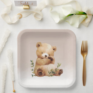 Cutie Baby Bear Watercolor Baby Shower Paper Plate