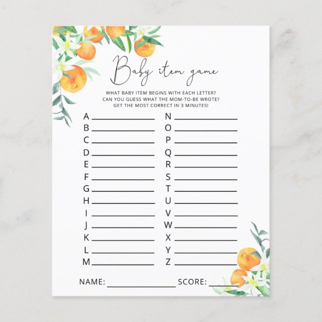 Cutie Baby Item Game. Baby Shower Game (Front)