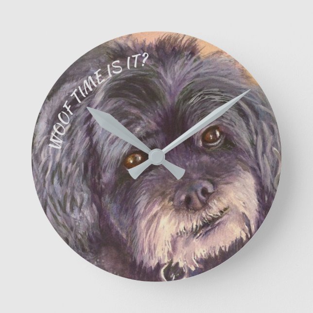 CUTIE BLACK COCK-A-POO MIX ROUND CLOCK (Front)